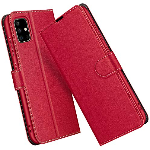 ELESNOW Hülle für Samsung Galaxy A51, Premium PU Leder Flip Wallet Schutzhülle Tasche Handyhülle für Samsung Galaxy A51 (Rot)