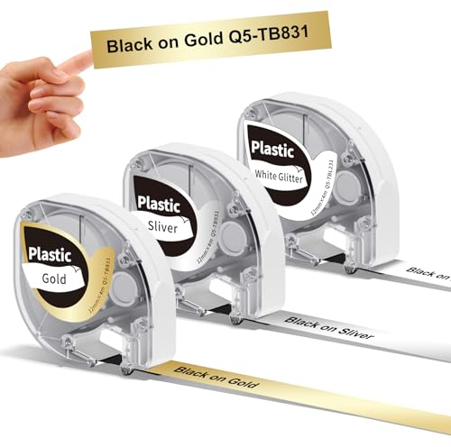 3x Phomemo P12&P12-Pro Etikettenband Original 12mm x 4m Schwarz auf Mehrfarbig Q5-TB831/TB931/TBL231 Wasserfestes Kunststoff Selbstklebendes Etikettenband für Phomemo P12/P12 Pro/LT12 Etikettendrucker