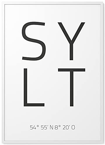 Papierschmiede® Geo Poster Koordinaten Sylt, A3 Gerahmt im Holzrahmen (weiß), Stadt Bild als Wanddeko für Wohnzimmer Schlafzimmer Küche Esszimmer, Westerland Insel Nordsee