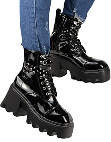 Minetom Winter Gothic Punk Stivali con Plateau Donna Stivaletti Cinturino con Fibbia Nera Cerniera Platform Scarpe Stivali da Combattimento A Nero 3 37 EU