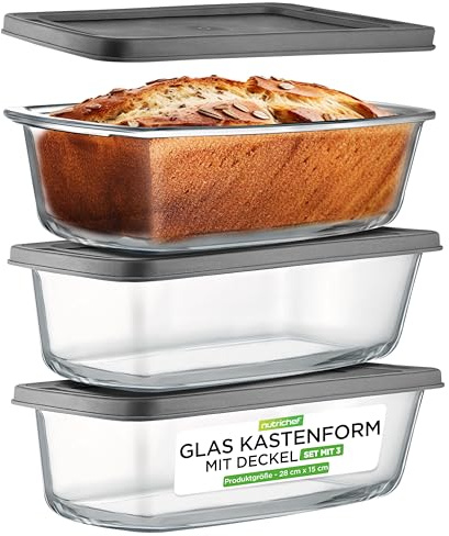 Nutrichef Contenitori Vetro per Alimenti da 1,8 Litri con Coperchio, Set 3 Teglie per Dolci, Torta, Plumcake, Pane, Lasagna e Pasta, Resistenti a Forno e Microonde