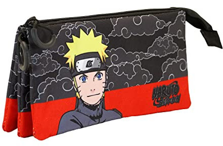 Naruto Clouds-Estuche Portatodo Triple Fan, Negro, 23 x 11 cm