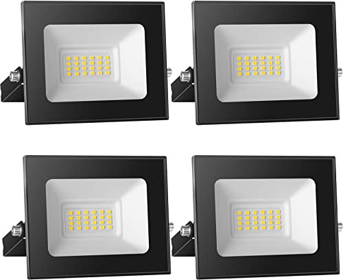 4 Pack Foco LED Exterior 20W, Alto Brillo 2000LM Proyector LED Exterior Iluminación 3000K Bianco Caldo, Luz de Seguridad Impermeable IP65, Lampara LED Pared Techo para Jardín Garaje Camino Patio