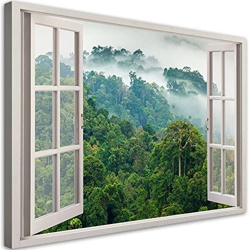 Feeby 1 pièces Impression sur Toile 60x40 cm Forêt Brouillard Fenêtre Tableau Moderne Tableau Photo Chambre à Coucher Arbre Paysage Nature Vert