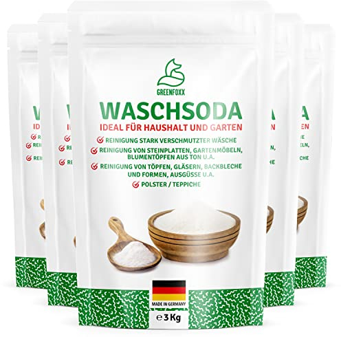 GREENFOXX Waschsoda Pulver 5x 3 kg, pH+ pH Plus für Pool, Spa & Aquarium, pH Heber, pH Regler, Soda Pulver, Reiniger für Steinplatten, Gartenmöbel, Töpfe, Backbleche, Wäsche, Polster & Teppiche