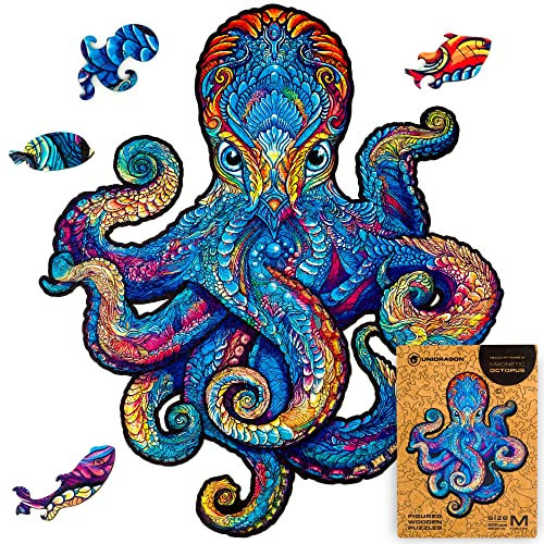 UNIDRAGON Original Wooden Jigsaw Puzzle - Magnetic Octopus, 200 pcs, Medium 11.2x13, Unique Animal Shaped Puzzle Box, Birthday Gift Idea for Kids, Adults, Girls, Boys, Family Game and Hobby