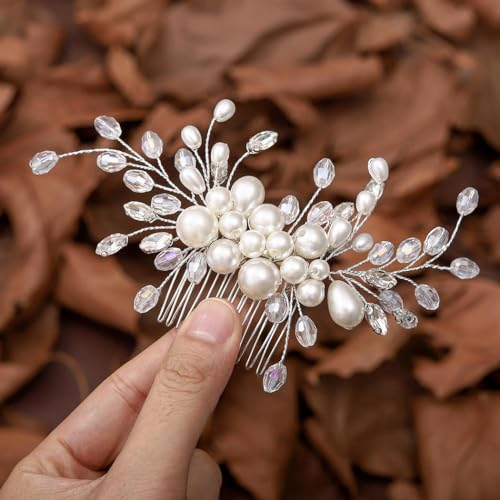 Vakkery Braut Hochzeit Haarkamm Silber Perle Kopfschmuck Kristall Braut Haarschmuck für Frauen und Mädchen
