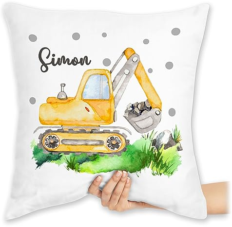 Kissen 40x40 Zierkissen - Bagger I Baggerfahrer Geschenk - 40 x 40 cm - Weiß - Bagger-Kissen kopfkissen baufahrzeug Name sitzkissen kinderkissen baufahrzeuge Fahrzeug Baustelle kissenhülle Kinder
