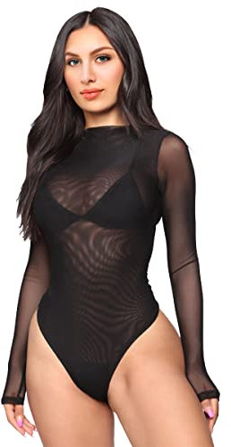 Morices Women Long Sleeves Bodysuit Stretch Sheer Mesh See Through Black Jumpsuit Top Leotard Clubwear-M