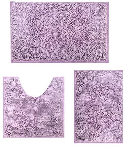RUN HELIX Ultra Soft Chenille Bath Mat Anti Mould, Light Purple Set 3, Shaggy Bathroom Mats, Super Absorbent Mats for Bathroom, Fluffy with U-Shaped Toilet Rug, (yushidian-qianzi-3p)