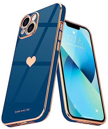 Teageo for iPhone 13 Case Cute Heart Pattern for Women Girls Slim Luxury Bling Plating Soft TPU Anti-Scratch Shockproof Bumper Phone Case for iPhone 13, Royal Blue