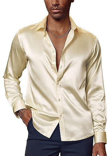 PaulJones Camisa de negocios para hombre, manga larga, sin planchado, satén, fiesta, boda, camisa con pajarita a juego