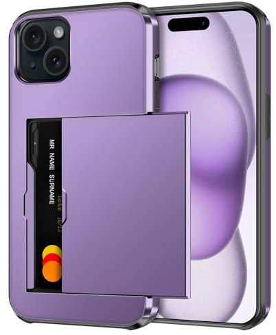Coolden for iPhone 15 Case with Card Holder Armor Shockproof Case Heavy Duty Protective Case Hard Back Soft TPU Bumper Card Slot Wallet Case Cover for iPhone 15 Phone Case (Grey Purple)