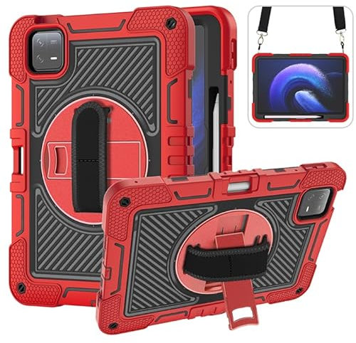 Funda para tablet Xiaomi Mi Pad 6/Mi Pad 6 Pro (11), modelo 2023, resistente, resistente, de tres capas, resistente a los golpes, rotación de 360 grados, soporte con correa para el hombro, color rojo