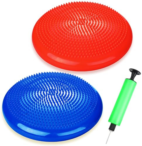 Silipull 2 Stück Wackelsitz, aufblasbares Wackelkissen, flexible Balance-Scheibe mit Luftpumpe für Kernstabilität, Stärkung, Verbesserung der Körperhaltung, körperliche Übungen (blau und rot)