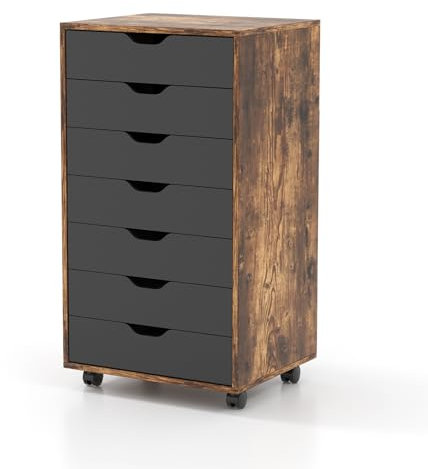 COSTWAY Mobile File Cabinet, 7 Drawers Lateral Stationery Storage Organiser Chest with Wheels, Home Office Printer Stand Side Filing Cupboard(Rustic Brown + Black)
