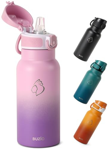 BUZIO Insulated Water Bottle 500ml - Stainless Steel Water Bottle with Straw for School - BPA Free - 100% Leak Poof - Lockable POPUP Lid - Toddler Water Bottle 500ml - Purple
