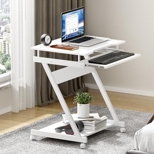 SogesHome Scrivania piccola scrivania per computer con 4 ruote, 2 di cui con freni, tavolo per PC a forma di Z con estrattore per tastiera per casa e ufficio, 60 x 48 cm