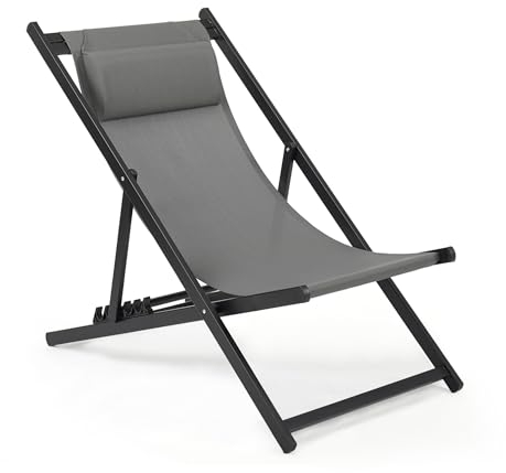 Mondeer Sonnenliege, klappbarer Liegestuhl mit Kopfstütze und Verstellbarer Rückenlehne für Garten Pool Terrasse, Belastbarkeit 130kg, W104 x D58 x H95cm, Dunkelgrau