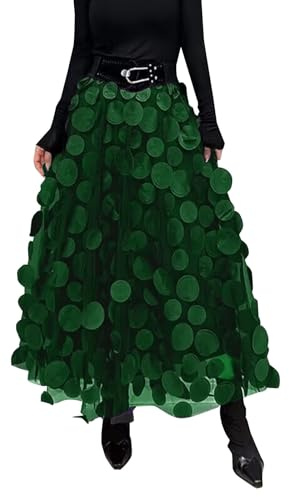 Cihdmfb Tüllrock Damen Vintage Solide A-Linien Halblanger Rock 3D Polka Dot Faltenrock Mesh Flowy Geburtstag Hochzeitsfeier Lang Rock Elastisch Hohe Taille Tutu Rock Lange Stufenröcke