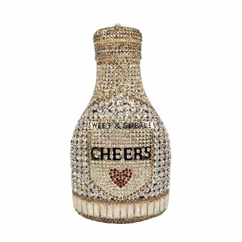 WuDiaoer Women Champagne Bottle Rhinestone Clutch Unique Evening Bag Crystal Dinner Handbag Bride Purse for Party Cocktail, Gold&silver