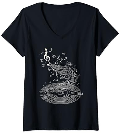 Womens Musical Notes Vinyl V-Neck T-Shirt