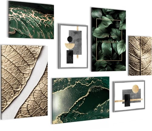 Novart Wandbilder Abstrakt Figuren Blätter - KOMPLETT AUFHÄNGFERTIG - Gold Grün Wohnzimmer Schlafzimmer - 7 Moderne Mood-Bilder - N006972a