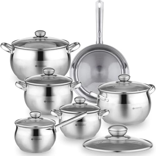 Daniks Classic 12-teiliges Edelstahl Topfset Induktion, Kochtopf Set mit Glasdeckeln, 16/18/20/24 cm, Stielkasserolle, Bratpfanne 24 cm, Nudeltopf, Suppentopf, Pastatopf, Silber