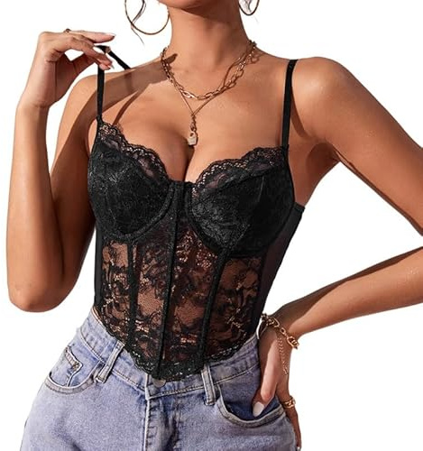 Haibang Vest Tops Women UK Sexy Lace Corset Tops V Neck Crop Tops Spaghetti Strappy Cami Tops Backless Slim Fit Camisole Bralettes Mesh Bustier Sleeveless Tank Tops Going Out Party Clubwear