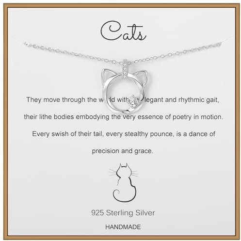 Cat Necklace for Women, 925 Sterling Silver Cat Necklace with Zirconia Stone, Birthday Gifts for Girls