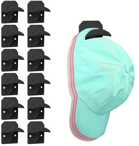 DOINEUFL 12 Pcs Hat Holder, Cap Holder for Baseball Caps, Baseball Cap Storage, Hat Rack for Wall, Baseball Hat Hooks for Wall