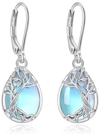 EUDORA Harmony Ball Pendientes Árbol de la Vida Piedra de Luna para Mujer Plata de Ley 925, Pendientes de Gota Lágrimas de Ángel Piedra de Luna Joyería Original Regalo para Mujer Madre Hija