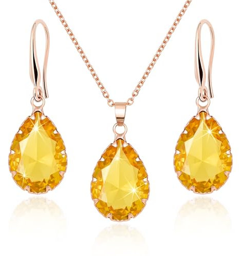 Linawe Yellow Costume Jewellery Sets for Women, Rhinestone Tear Drop Earring Set, Imitation Diamond Birthstone Crystal Pendant Necklace, Rose Gold Cubic Zirconia Women's Jewellery Sets