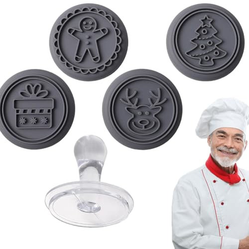Presse à biscuits de Noël - Tampons à biscuits sur le thème de Noël - Emporte-pièce en silicone à 4 motifs - Élan sans danger pour les aliments, boîte, arbres de Noël