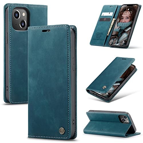 Cracedily for iPhone 13 Case, Wallet Case Flip Leather with Card Holder Magnetic Closure Shockproof Kickstand Protective Phone Cases Cover for iPhone 13, Blue-Green