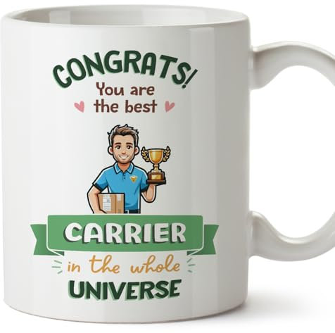 MUGFFINS Carrier Man Mug - in English - Best in Universe Trophy - Funny Gift for Colleagues - Ceramic 11oz Mug