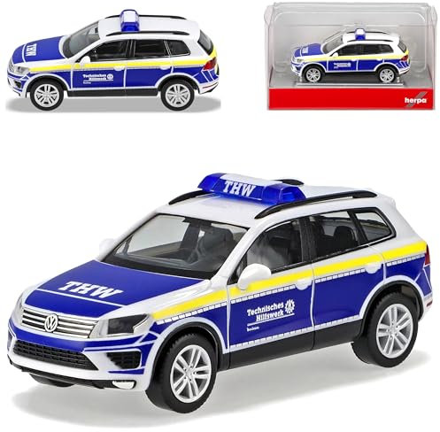 Volkwagen Tuoareg II Weiss Blau THW OV Bochum 2. Generation Modell 2010-2018 Version Ab Facelift 2014 H0 1/87 Herpa Modell Auto