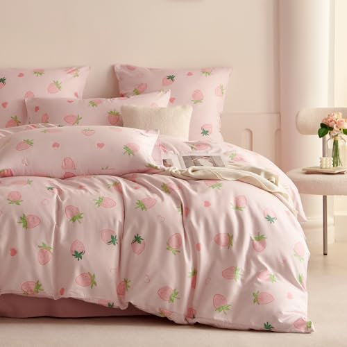 Sedefen Bettwäsche 135x200cm 2teilig Rosa Erdbeere Bettwäsche-Set Mädchen Erdbeeren Herzen ÖKO-TEX Wendebettwäsche Kinder Mikrofaser Kawaii Bettbezug mit Reißverschluss und Kissenbezug 80x80cm