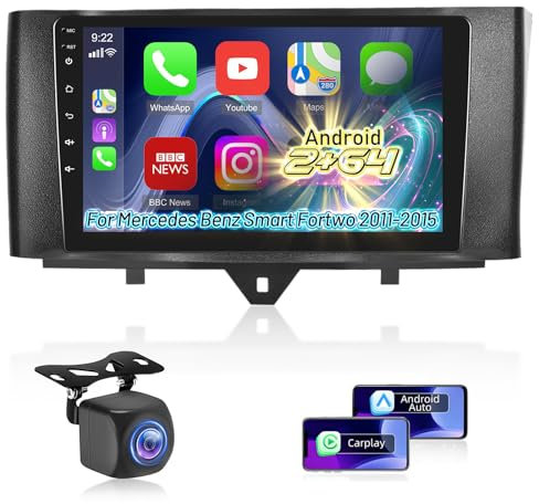 [2+64GB] Android Autoradio per Mercedes Benz Smart Fortwo 2011-2015, Autoradio Touchscreen da 9 pollici con Wirelss Carplay e Android Auto, WiFi, GPS, RADIO FM RDS, Telecamera di Retromarcia