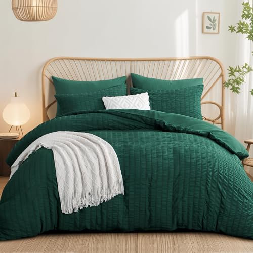 Aisbo Double Duvet Cover Set Emerald Green Seersucker Bedding Set with 2 Pillowcases, Soft Breathable Textured Puckering Bed Quilt Cover Set with Zipper (200×200cm) 3pcs