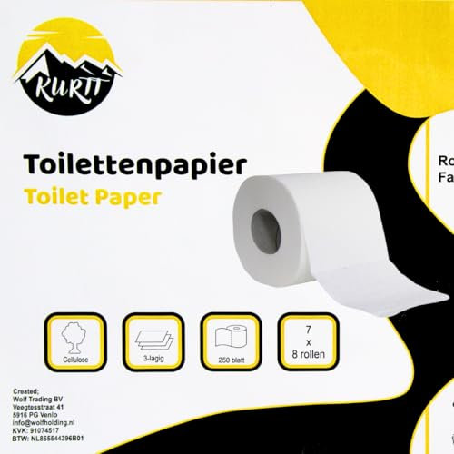 KURTT Toilettenpapier 3-lagig 250 Blatt, 56 Rollen (7pack - 8rolls) 100% Zellulose, geblümt, weiß Kopapier