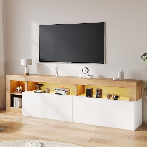 Lcoho Moderner TV-Schrank für Fernseher bis 80 Zoll, offener Stauraum mit LED-Kontrollleuchte, geeignet für Schlaf- und Wohnzimmerschrank, originaler Holzrahmen, weiße Schranktür