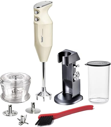 bamix Stabmixer Set M200 Chef's favorite inkl. Ständer, 1 Becher, 3 Aufsteckteile, Hacker, Reinigungsbürste, 200 Watt, Made in Switzerland, Elfenbein/Chrom