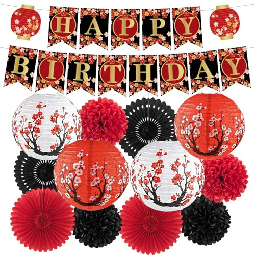 Hibachi-Party-Dekorationen, japanische Laternen mit Kirschblüten-Muster, Seidenpapier-Pompons, runde Papierfächer, Happy Birthday-Banner-Set für japanische Hibachi-Party-Dekorationen, 14 Stück