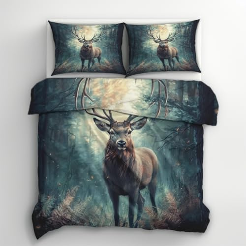 zcwl Hirsch Bettwäsche 140x200 2tlg, Wald Wald Hirsch Wendebettwäsche und 1 Kissenbezüge 70x90, Weiche Mikrofaser Bettbezug mit Reißverschluss, Schlafzimmer Deko, Geschenke