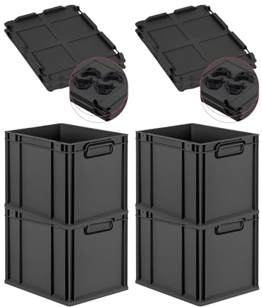 PROREGAL SuperSparSet 4x Eurobox NextGen Color mit Auflagedeckel und Schiebeschnappverschlüsse, HxBxT 32x30x40cm, 30L, Schwarz, Griffe schwarz zu, Eurobehälter, Transportbox, Transportbehälter
