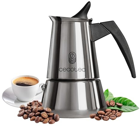 Cecotec Cafetera Italiana Piccolina 400. 200ml, 4 Tazas de Café, Acero Inoxidable, Apta Todas Superficies, Filtro Premium, Válvula Seguridad, Mango Termorresistente, Diseño Elegante