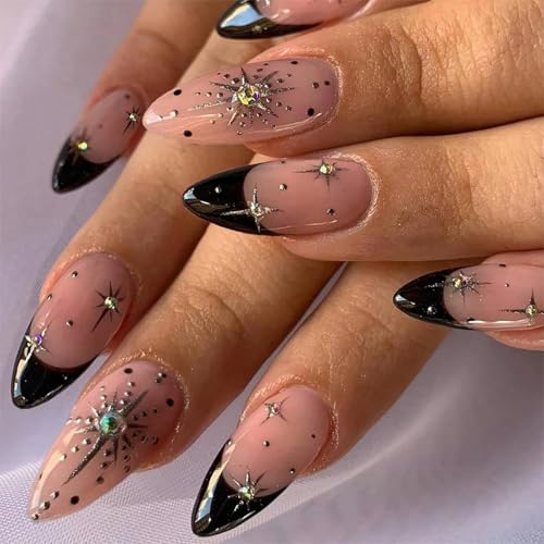 BelleFlair 24Pcs Almond Press on Nails, Black French Tip with Star Rhinestones, Long Stiletto Gothic Fake Nails, Y2K Full Cover Stick on Nail for Women