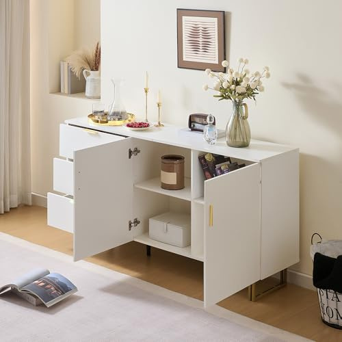 DACHETOU 2-Türiger und 3-Schubladen Sideboard 80 x 160cm, Modernes Weiß Elegantes MDF-Möbel mit goldenen Zinklegierung-Griffen, stabilen Stahlbeinen in Braun
