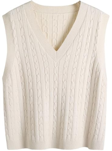 SUNSESS Women's Sleeveless Jumper V Neck Sweater Vest Cable Knit Tank Top | Loose Fit Chunky Ribbed Pullover Gilet for Layering, Office & Casual Preppy Style